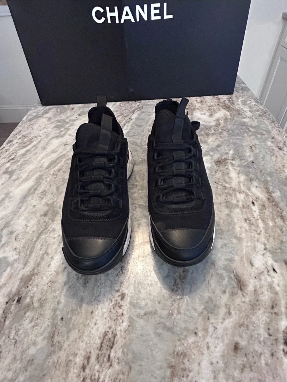 CHANEL Black Leather Sneaker, Gold CC Accent,White quilted platform Sole391/2